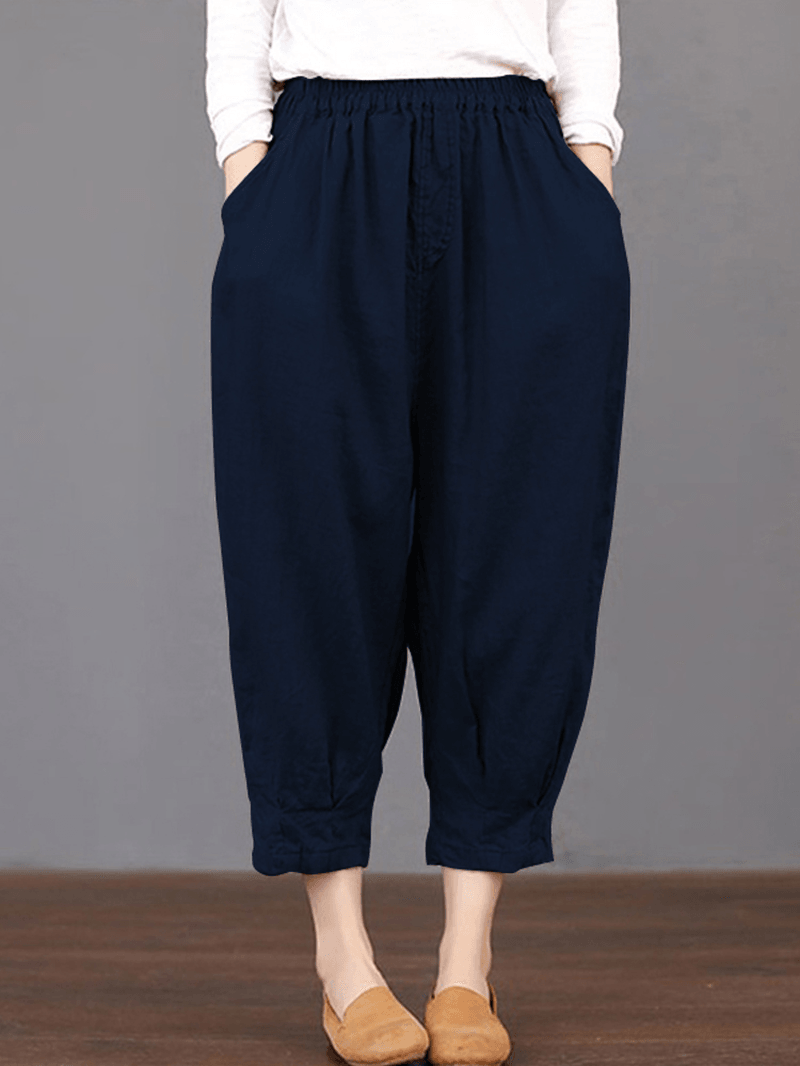 Women Solid Color Elastic Waist Loose Cotton Pants