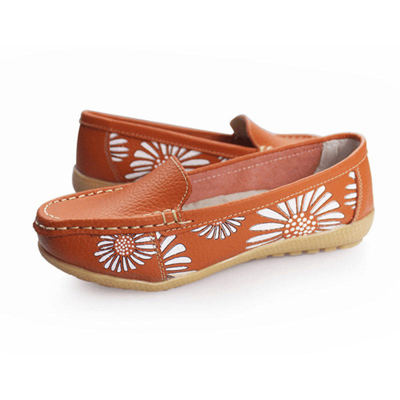 Women Flats Shoes Comfortable Slip-On Soft Casual Flower Floral Leather Loafers Flats Shoes