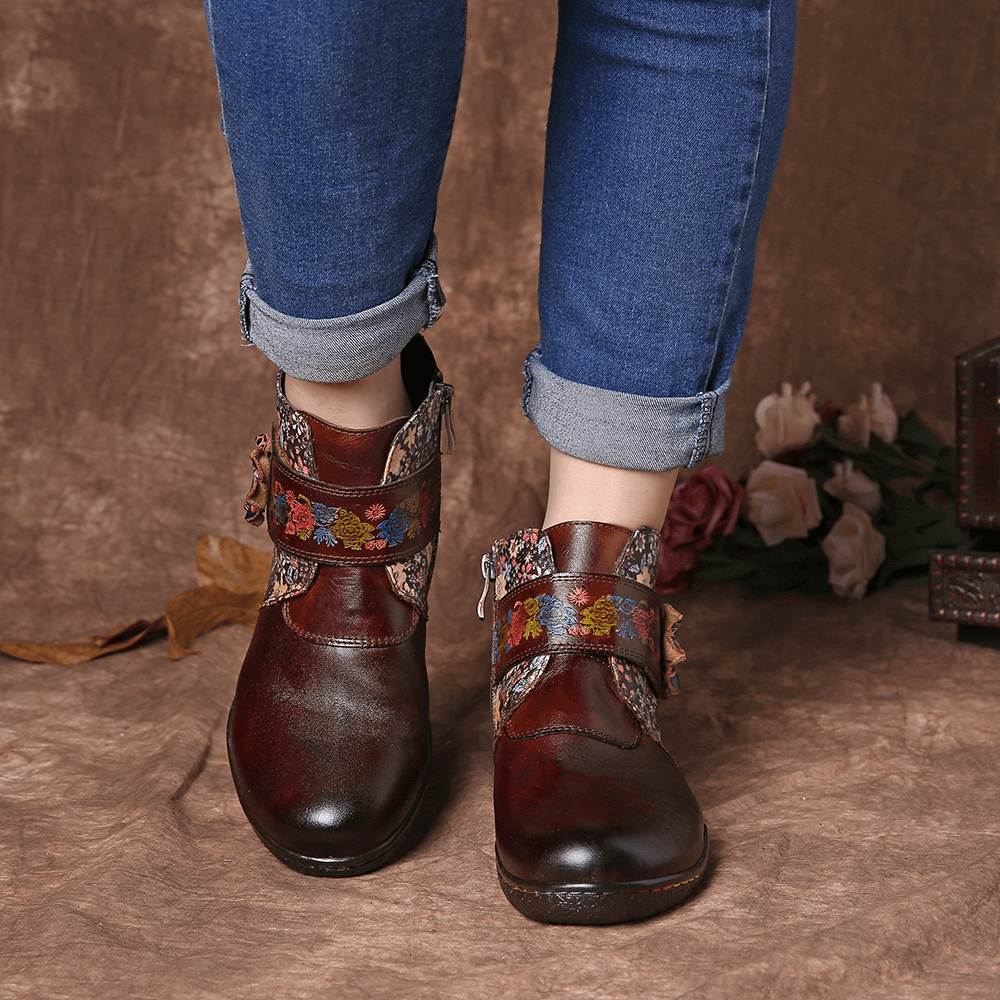 Retro Small Flowers Colorful Stitching Soft Leather Boots