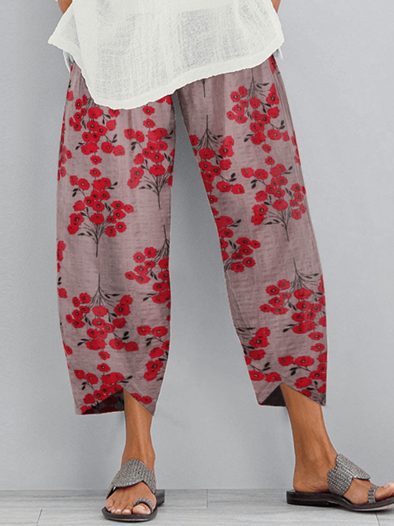 Women's Floral Print Casual Pants with Elastic Waist and Side Pockets