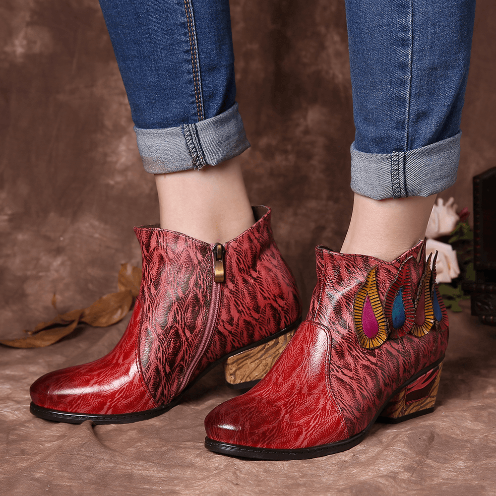 Women Retro Multicolored Drop Shaped Pattern Ankle Boots