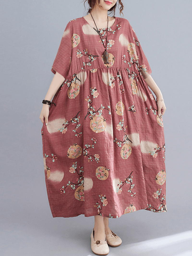 O-Neck Floral Loose Bohemian Casual Summer Dress for Women