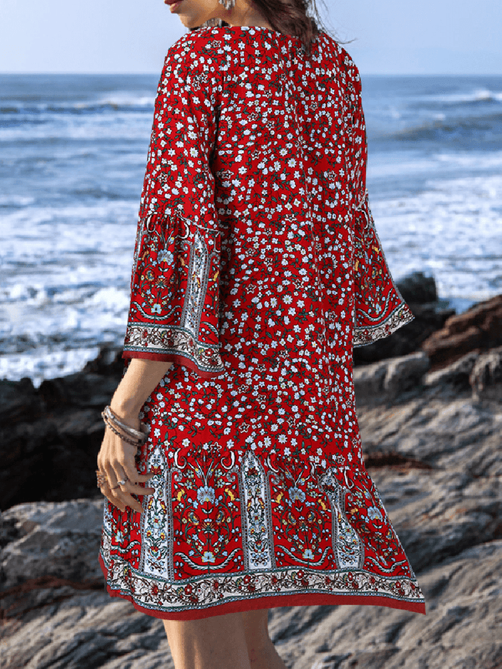 Ethnic Floral Print O-Neck 3/4 Sleeve Ruffles Hem Bohemian Holiday Mini Dress