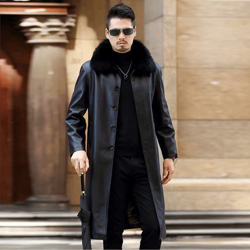 Men's Fashion Casual Lapel Fur One-Piece Over-The-Knee Jacket - Classic Black