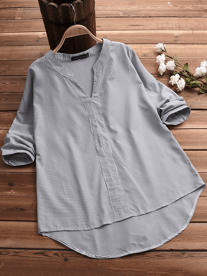 Women Striped V Neck Half Sleeve Loose Blouse - MRSLM