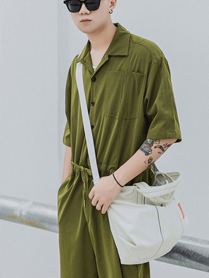 Men Solid Color Chest Pocket Drawstring Half Sleeve Rompers Pants