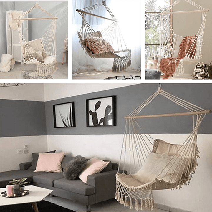 Hammock Cotton Swing Camping Hanging Rope Chair Wooden Beige Tasse Patio