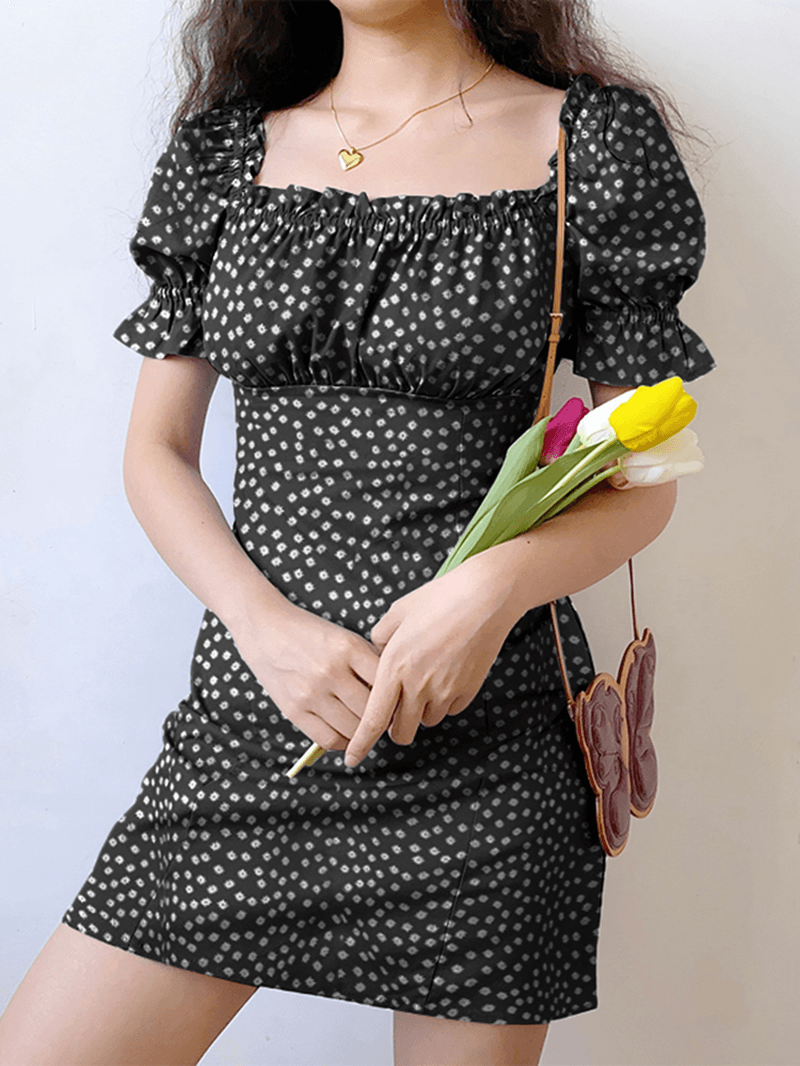 Floral Print Square Collar Pleating Short Sleeve Mini Dress