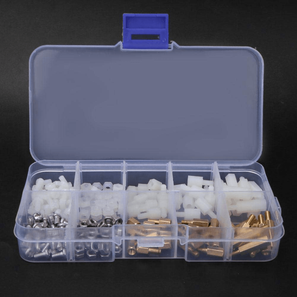 Suleve M3BN6 180Pcs M3 Nut Screw Standoff Set Nylon Stainless Steel Brass Hex Standoff Nut Screw Set Assortment Kit with Storage Box