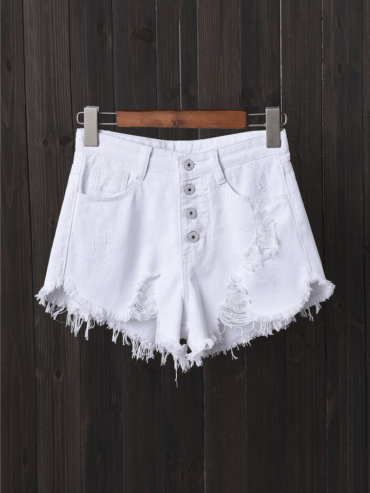 Women Button up Pocket Loose Hollow Ripped Denim Shorts - MRSLM