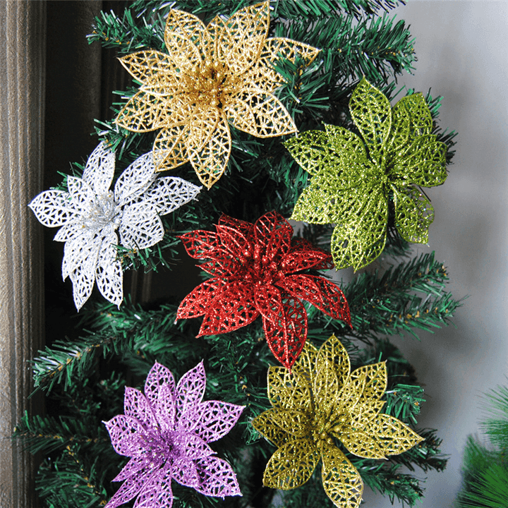 10Pcs Christmas Glitter Hollow Flower Decoration Flowers for Christmas Trees New Year Decorations Wedding Party Decor