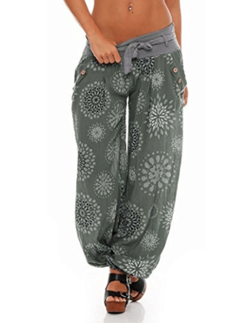 Printed Drawstring Elastic Waist Button Decorated Loose Jogger Pants