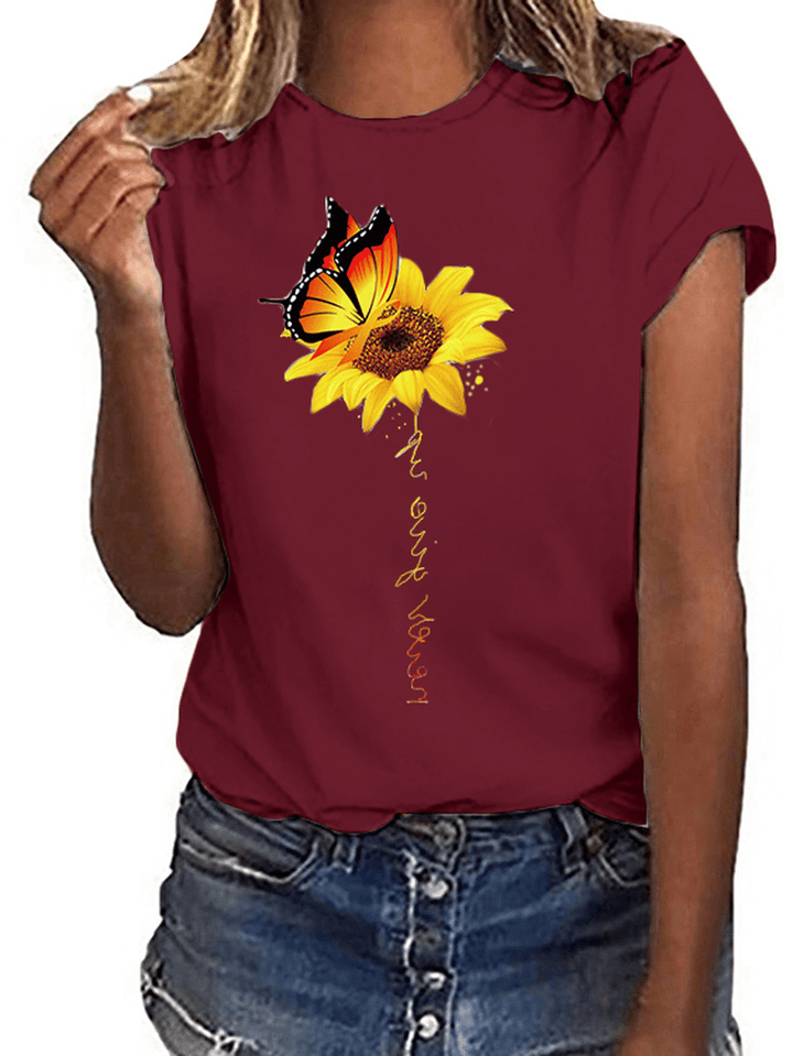 Sunflower and Butterfly Print Crew Neck Short Sleeves Casual Tee