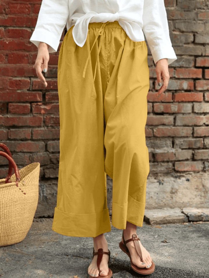 Women Casual Drawstring Waist Solid Holiday Vintage Wide Leg Pants with Pockets