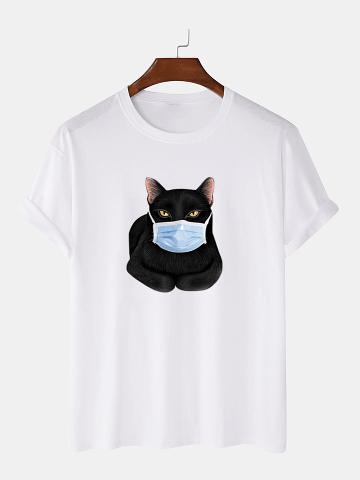 Fashion Cartoon Cat Mask Printing Short Sleeve O-Neck T-Shirts