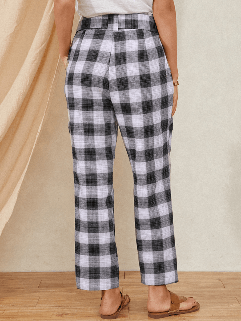 Plaid Print Knotted Pocket High Waist Loose Casual Pants for Women