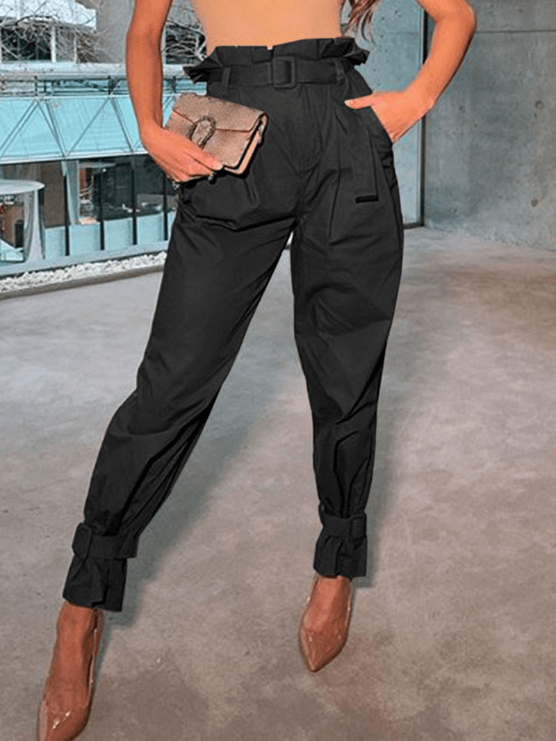 Women Solid Color Belted Cuff Casual High Waist Cargo Pants with Pocket