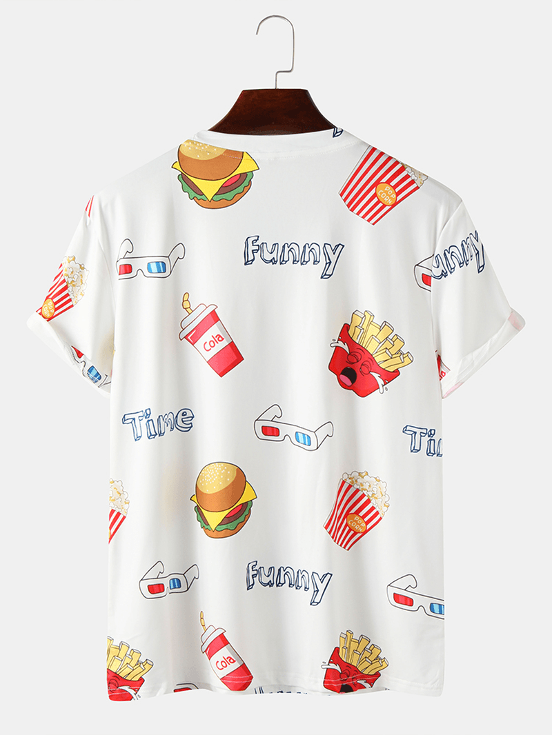 Mens Funny Fast Food Print round Neck Cotton Short Sleeve T-Shirts