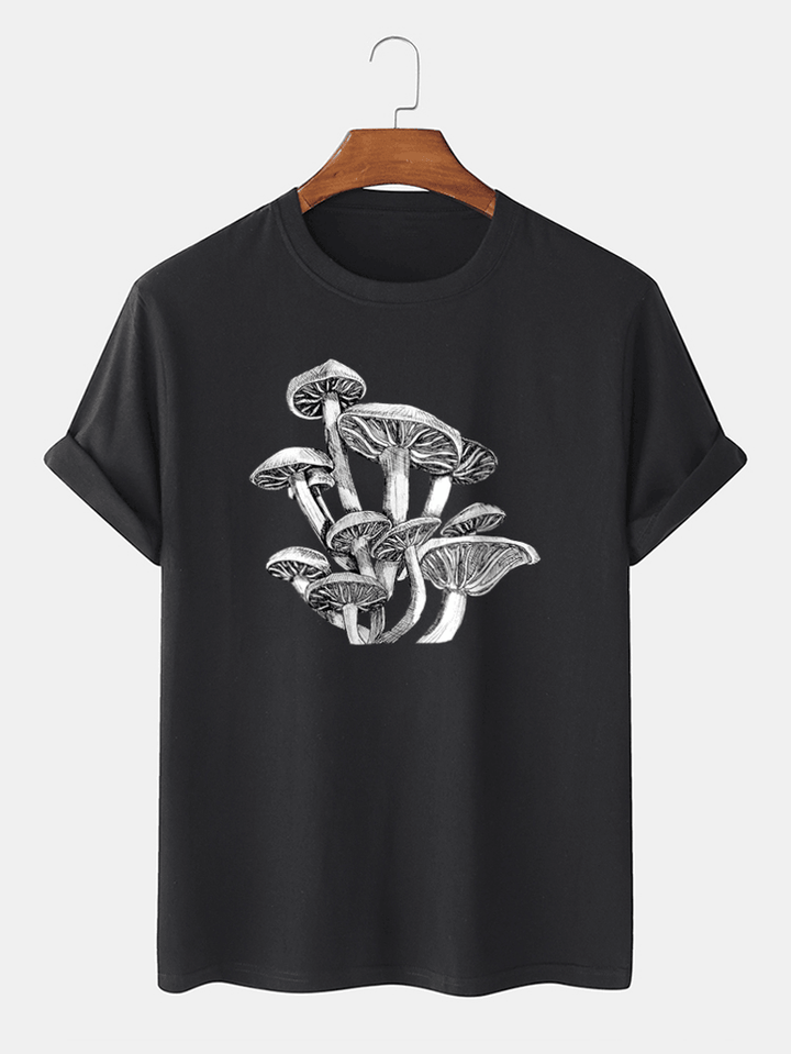 Mens Mushroom Sketches Print 100% Cotton O-Neck Short Sleeve T-Shirt