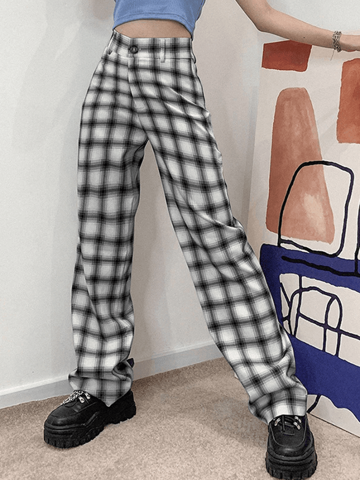 Women Plaid Print Hight Waist Zipper Fly Suit Trousers Wide Leg Pants