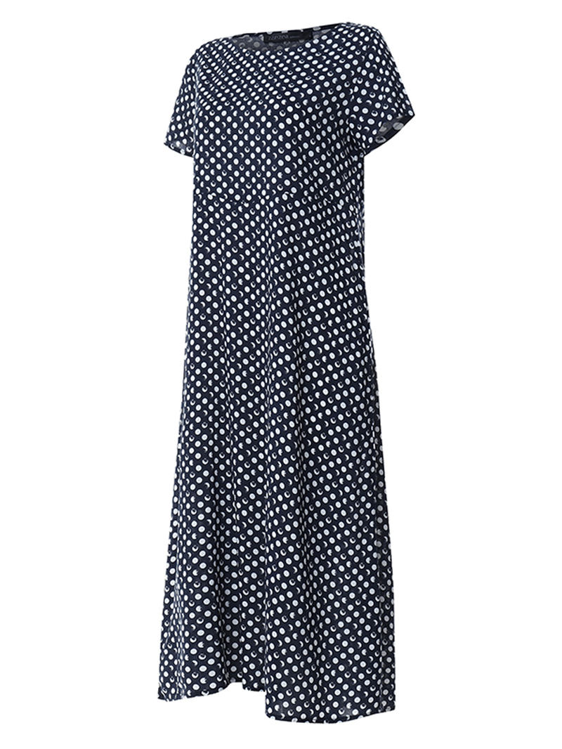 Crewneck Polka Dot Print Short Sleeve Midi Dress