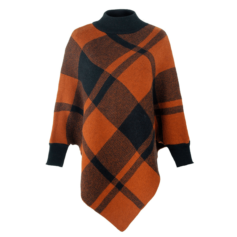 Color Block Check Cape Bat Sleeve Pullover Knit Shawl