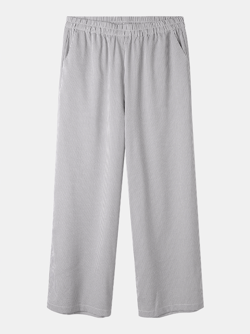 Striped Print Elastic Waist Pocket Wide Leg Casual Pants for Women