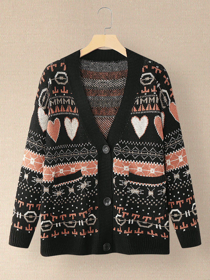 Women Vintage Full Printing Pattern Long Sleeve Cardigan with Pocket