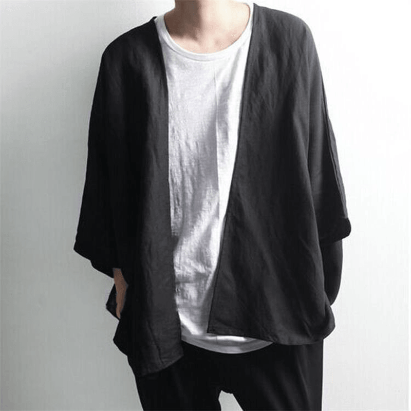 Dark Men'S Linen Cropped Doll Sleeve Cardigan