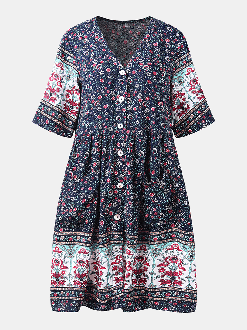 Bohemia Floral Ethnic V-Neck Button Short Sleeve Print Dress