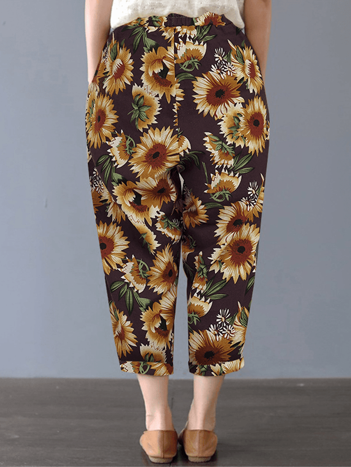 Women Sunflower Daisy Floral Print Cotton Casual Pants with Side Pockets