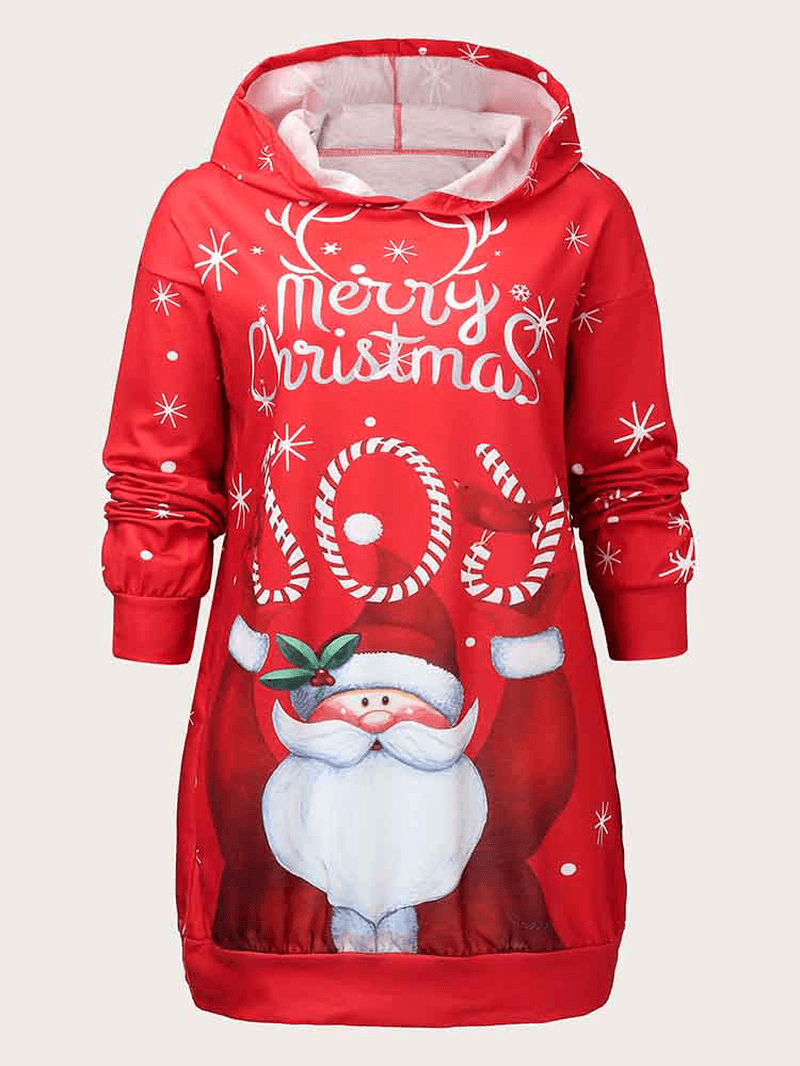 Women Christmas Santa Claus Pattern Side Pockets Long Sleeve Casual Hooded Sweatshirt