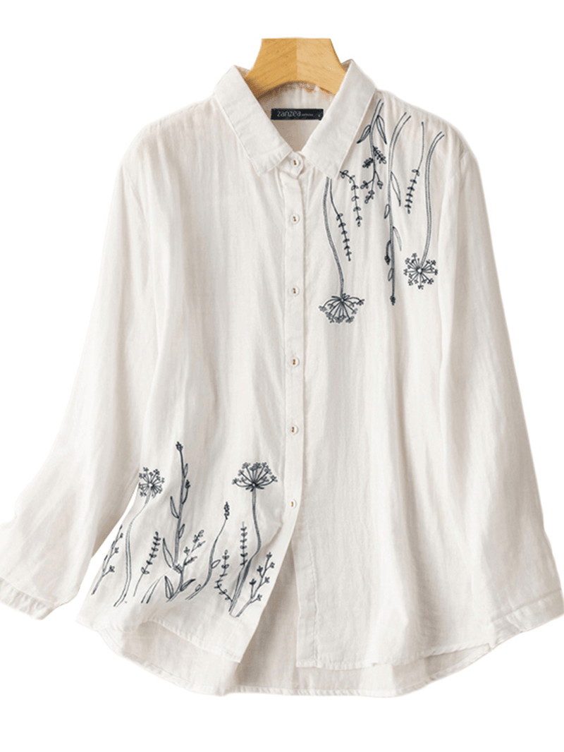 Women Puff Sleeve Flowers Printed Embroidery Button Stand Collar Shirt