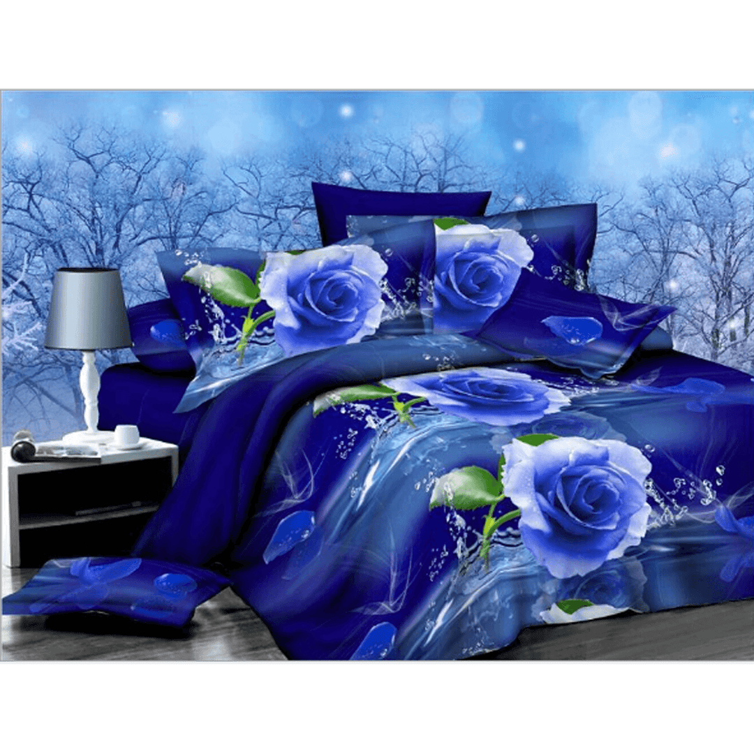 3PCS 200 X 230Cm 3D Blue Rose Printed Bedding Pillowcase Quilt Cover Bedding Sets Queen Size