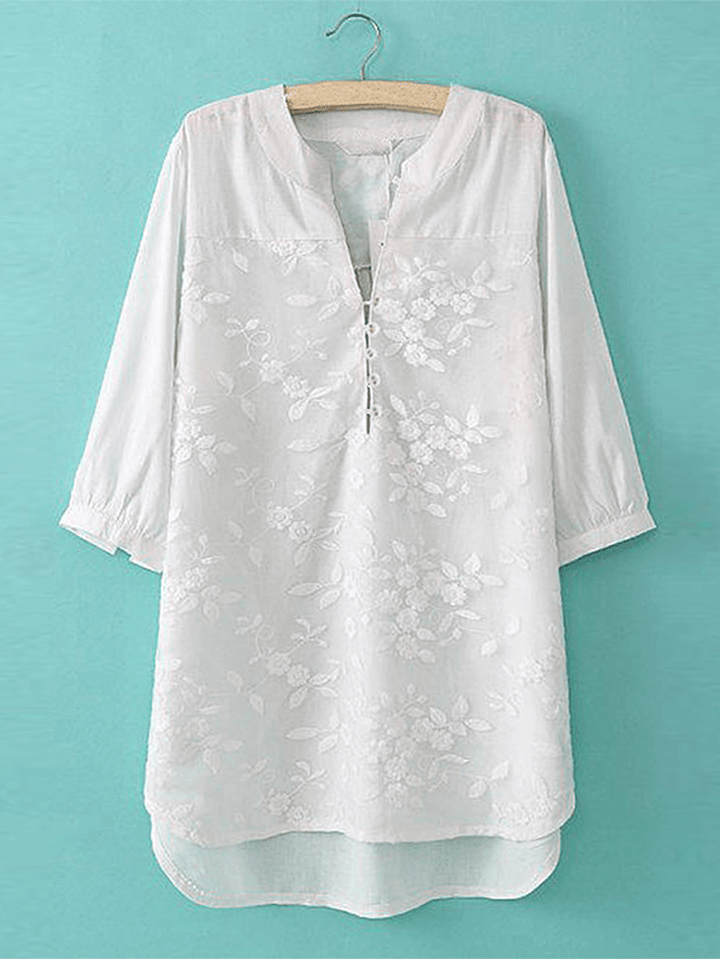 Women Floral Embroidery V-Neck 3/4 Sleeve Blouse