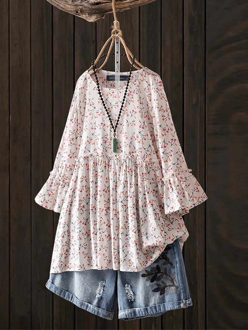 Women Casual Floral Printed O-Neck 3/4 Flare Sleeve Blouse