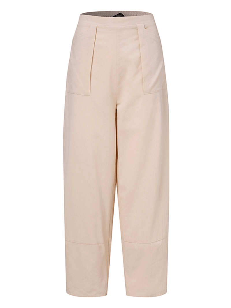 Women Cotton Solid Color Casual High Waist Pants with Pocket