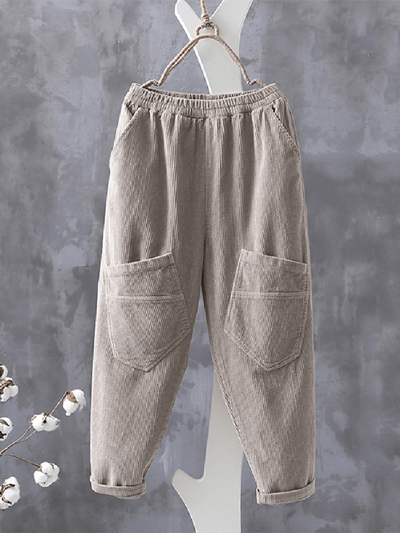 Women Corduroy Cargo Style Elastic Waist Pants with Multi Pocket - MRSLM