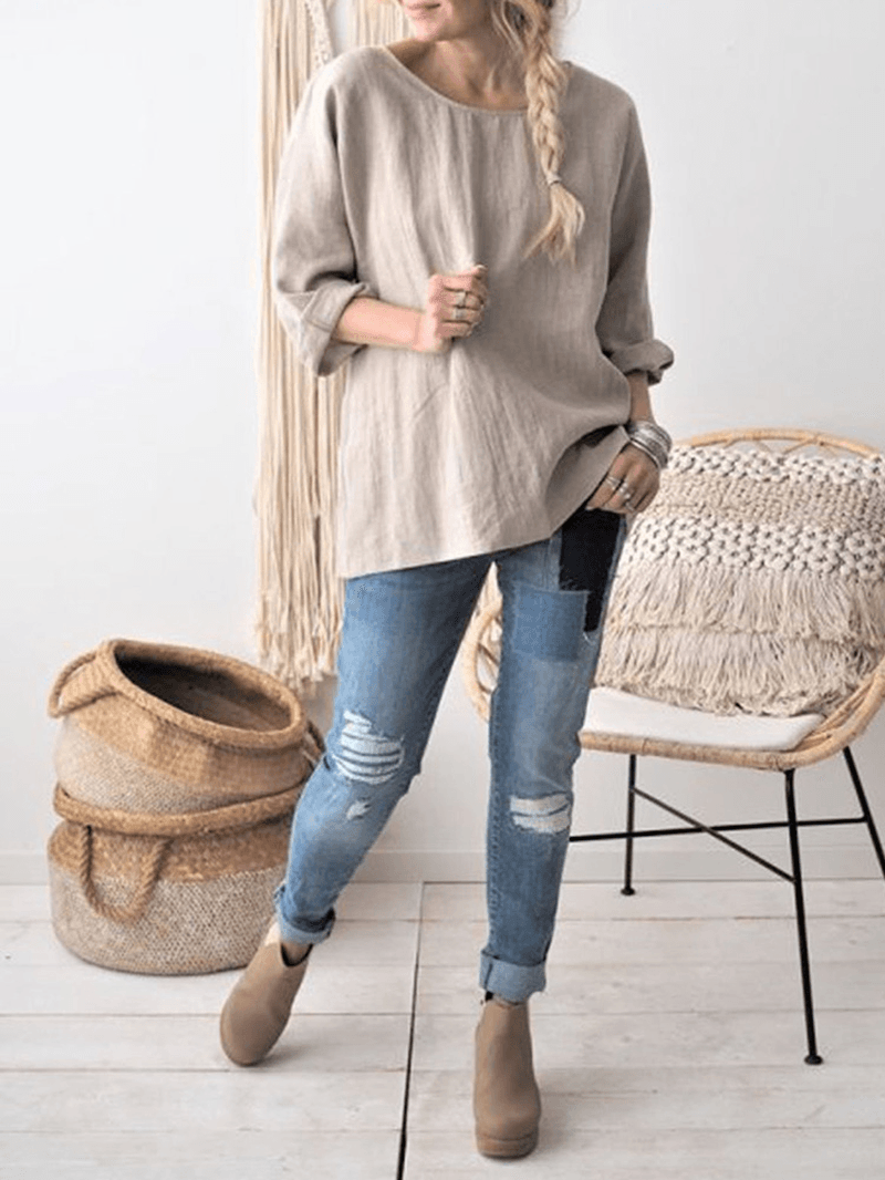 Women round Neck Long Sleeve Solid Color Cotton Blouse