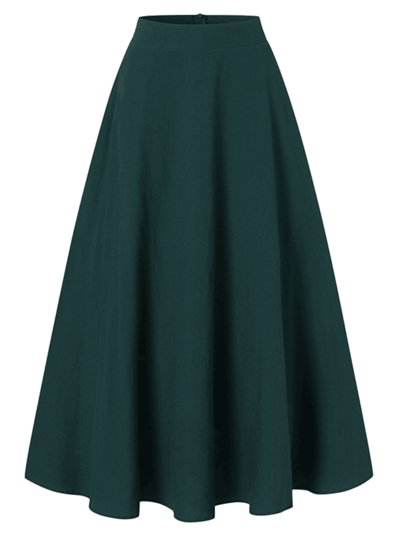 Women Solid Color Back Zip Pleated Casual Swing Skirts with Pocket