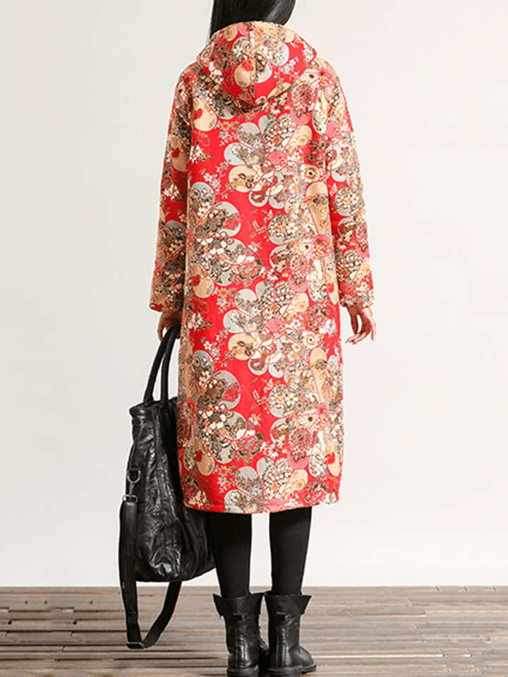 Floral Print Single Breasted Long Sleeve Hooded Coats for Women