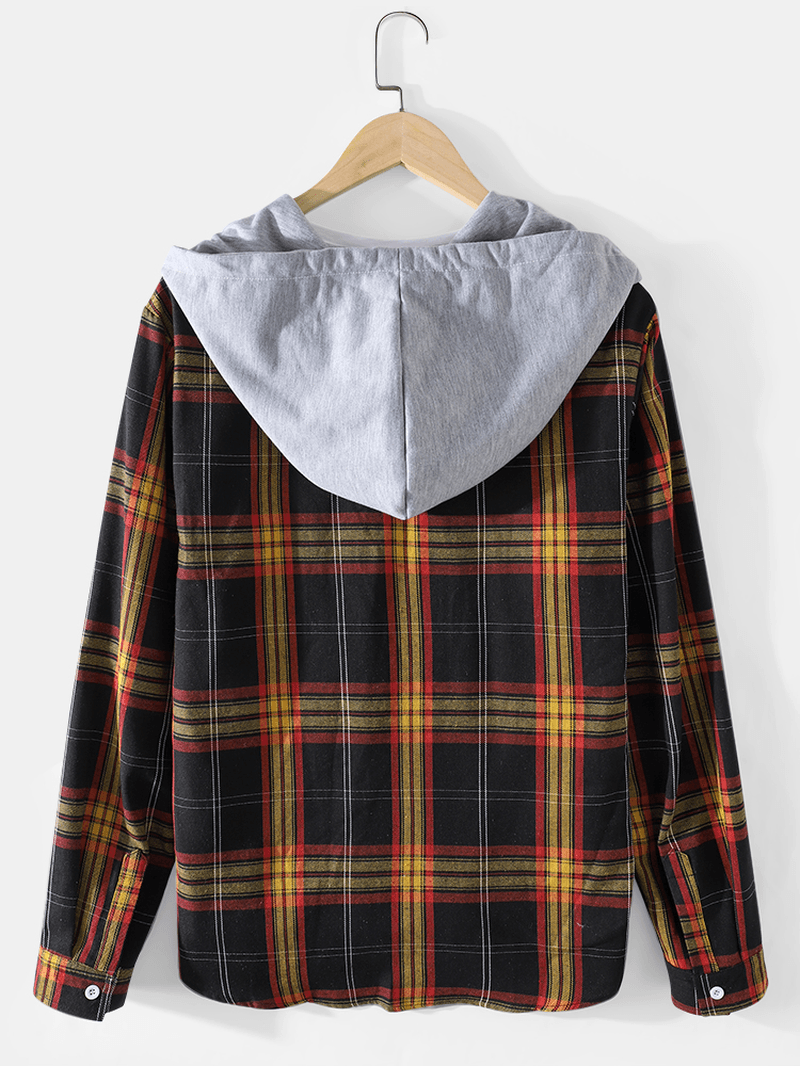 Mens Tartan Button up Long Sleeve Relaxed Fit Drawstring Hooded Jacket