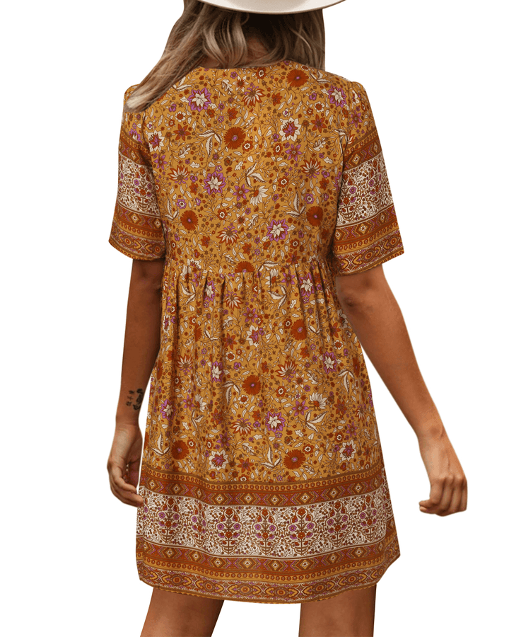 Bohemian Floral Print V-Neck Short Sleeve Mini Dress