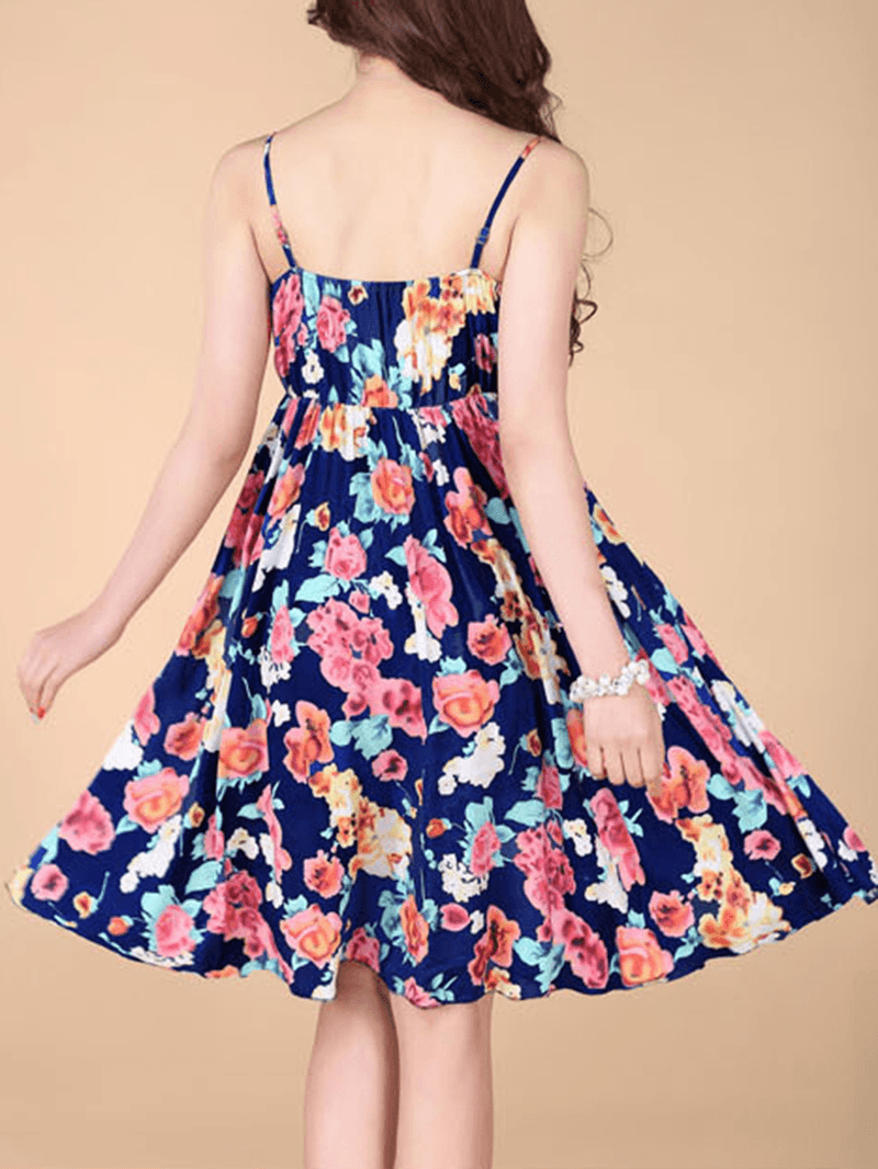 Bohemian Women Strap Flower Pattern Printing Beach A-Line Dress