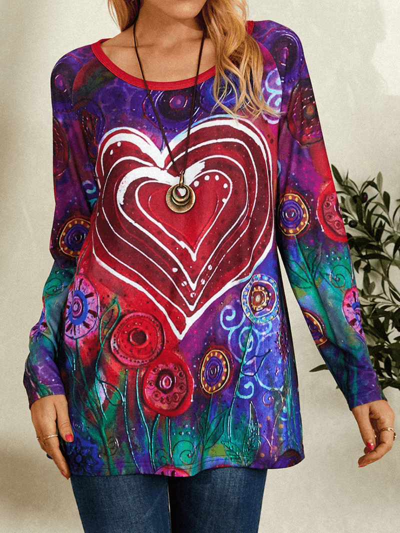 Women Graffiti Heart Floral Print round Neck Casual Long Sleeve T-Shirt