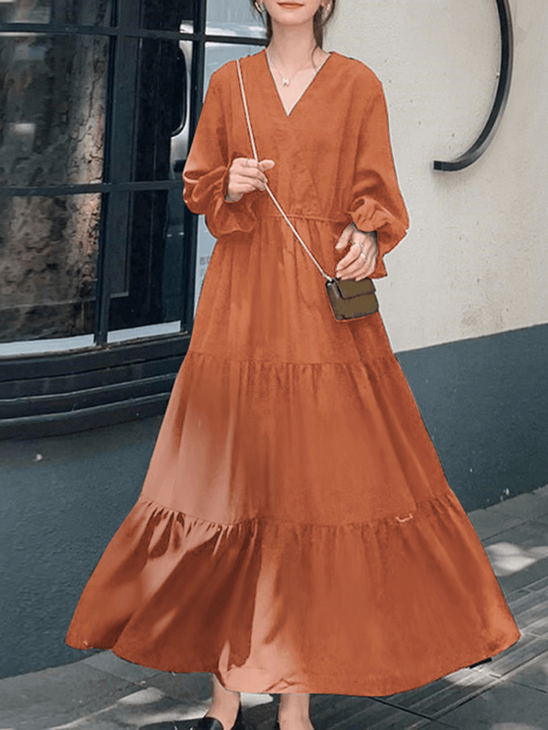 Women Solid Color Puff Sleeve V-Neck Big Swing Casual Maxi Layered Dress