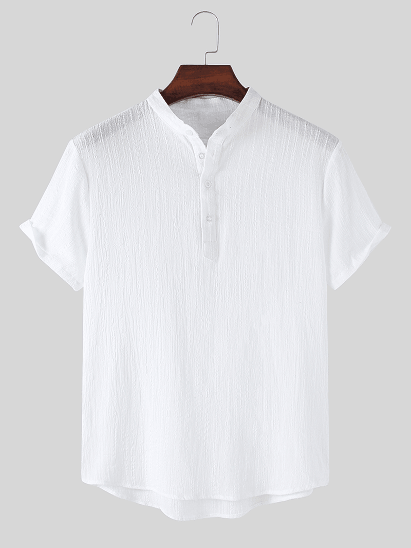 Mens Basic Solid Color Linen Short Sleeve Henley Shirt - MRSLM