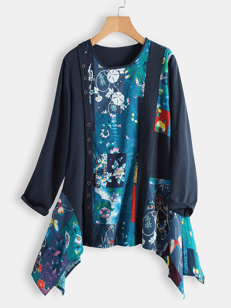 Floral Print Irregular Hem Patchwork Long Sleeve O-Neck Blouse