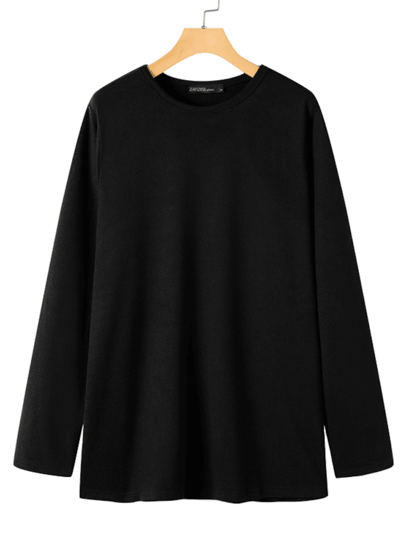 Women Side Split Solid O-Neck Retro Long Sleeve Pullover Sweatshirt