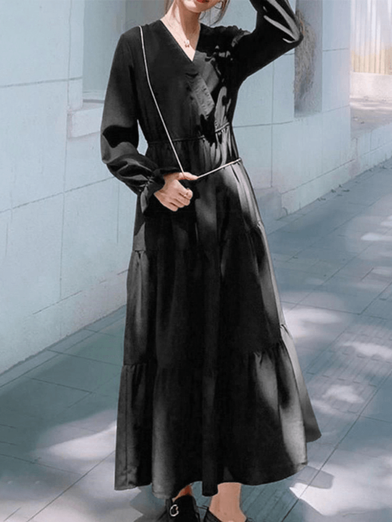 Women Solid Color Puff Sleeve V-Neck Big Swing Casual Maxi Layered Dress